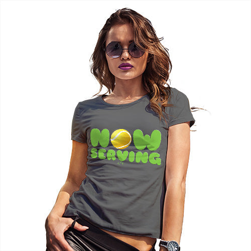 Womens Humor Novelty Graphic Funny T Shirt Now Serving Tennis Women's T-Shirt X-Large Dark Grey