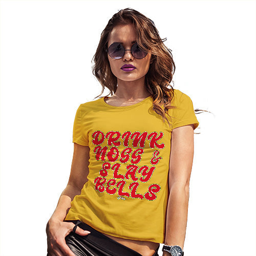 Funny Tee Shirts For Women Drink Nogg And Slay Bells Women's T-Shirt X-Large Yellow