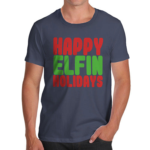 Funny Mens T Shirts Happy Elfin Holidays Men's T-Shirt Small Navy