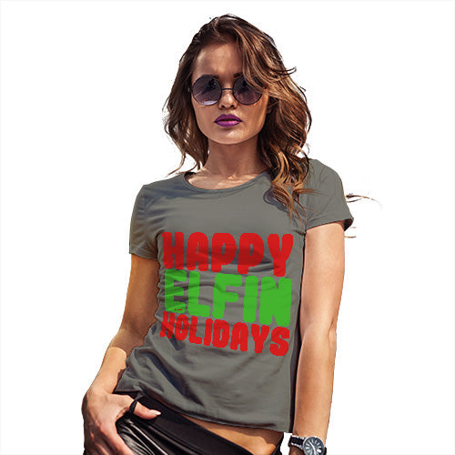 Womens Funny T Shirts Happy Elfin Holidays Women's T-Shirt Medium Khaki