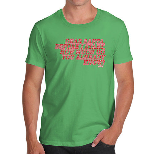Mens Funny Sarcasm T Shirt Santa How Much Do You Know Men's T-Shirt Small Green