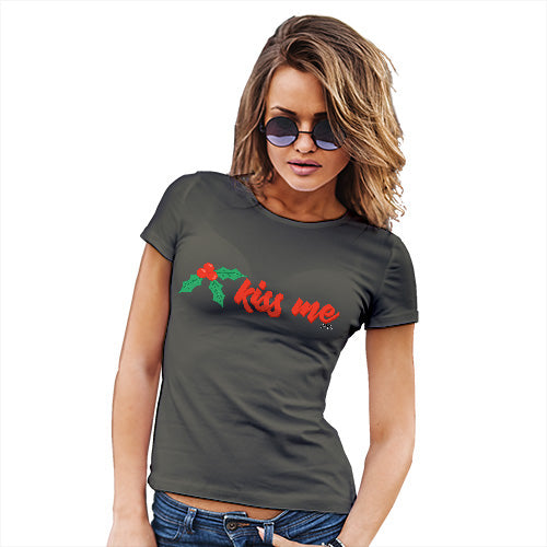 Womens Novelty T Shirt Christmas Kiss Me Mistletoe Women's T-Shirt Large Khaki