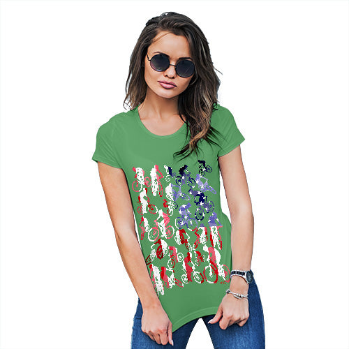 Womens Funny T Shirts USA Mountain Biking Silhouette Women's T-Shirt Medium Green