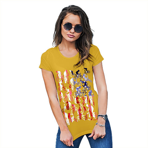Womens Novelty T Shirt USA Mountain Biking Silhouette Women's T-Shirt Small Yellow