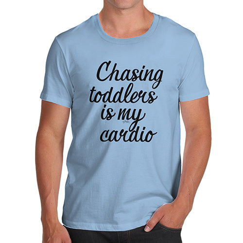 Mens Novelty T Shirt Christmas Chasing Toddlers Is My Cardio Men's T-Shirt Small Sky Blue