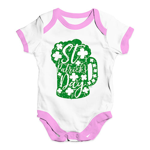 Cute Infant Bodysuit St Patrick's Day Tankard Baby Unisex Baby Grow Bodysuit 12-18 Months White Pink Trim