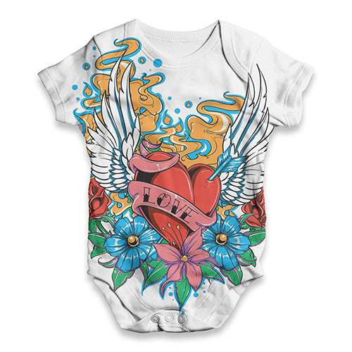 Floral Winged Heart Tattoo Baby Unisex ALL-OVER PRINT Baby Grow Bodysuit