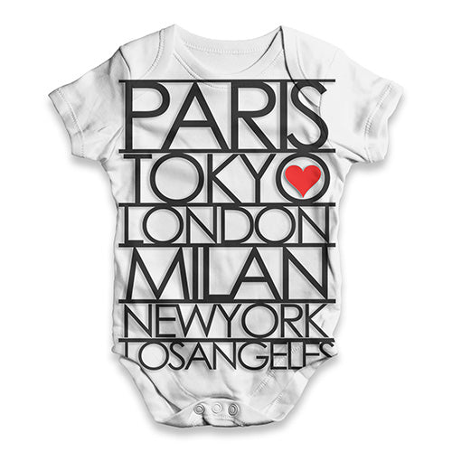 Paris, Milan, London, New York - Fashion Capitals of the World Baby Unisex ALL-OVER PRINT Baby Grow Bodysuit