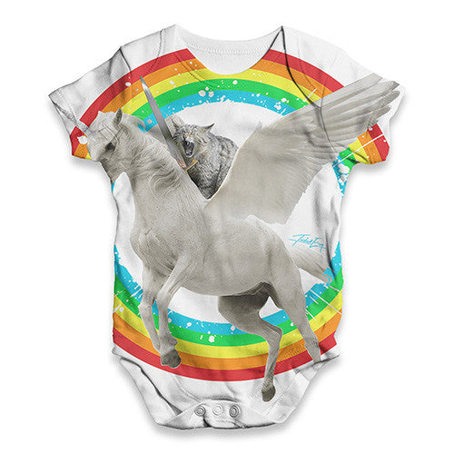 Cat Knight Riding Flying Unicorn Baby Unisex ALL-OVER PRINT Baby Grow Bodysuit