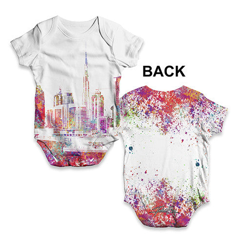 Dubai Skyline Ink Splats Baby Unisex ALL-OVER PRINT Baby Grow Bodysuit