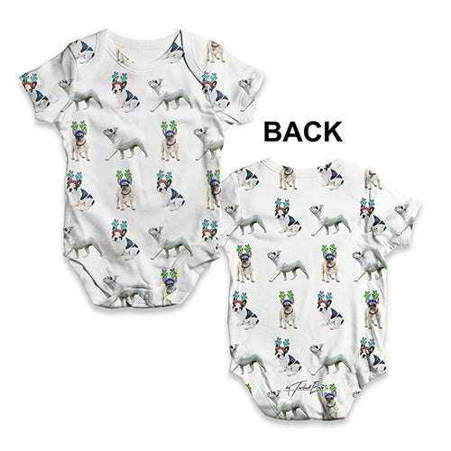 Funny Baby Onesies French Bulldogs Christmas Antlers Pattern Baby Unisex ALL-OVER PRINT Baby Grow Bodysuit 18-24 Months White