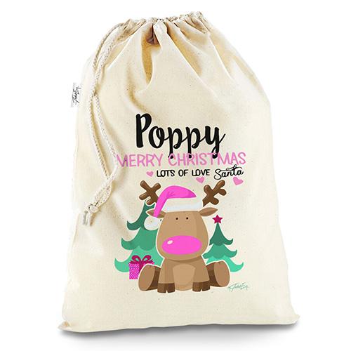Personalised Pink Reindeer Natural Christmas Santa Sack Mail Post Bag