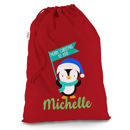 Personalised Xmas Penguin Red Christmas Present Santa Sack Mail Post Bag