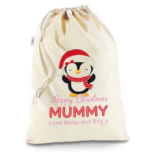 Personalised Mummy Penguin Natural Christmas Santa Sack Gift Bag