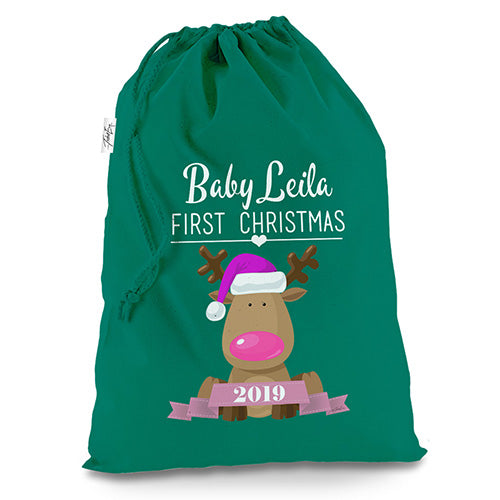 Personalised Baby's First Christmas Pink Green Luxury Christmas Santa Sack