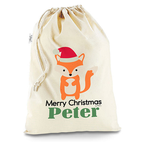 Personalised Merry Christmas Fox Natural Christmas Santa Sack Gift Bag