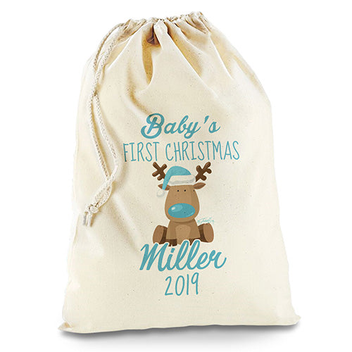 Personalised Blue Baby's First Christmas White Santa Sack Christmas Stocking