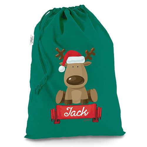 Personalised Santa Hat Reindeer Green Christmas Santa Sack Mail Post Bag
