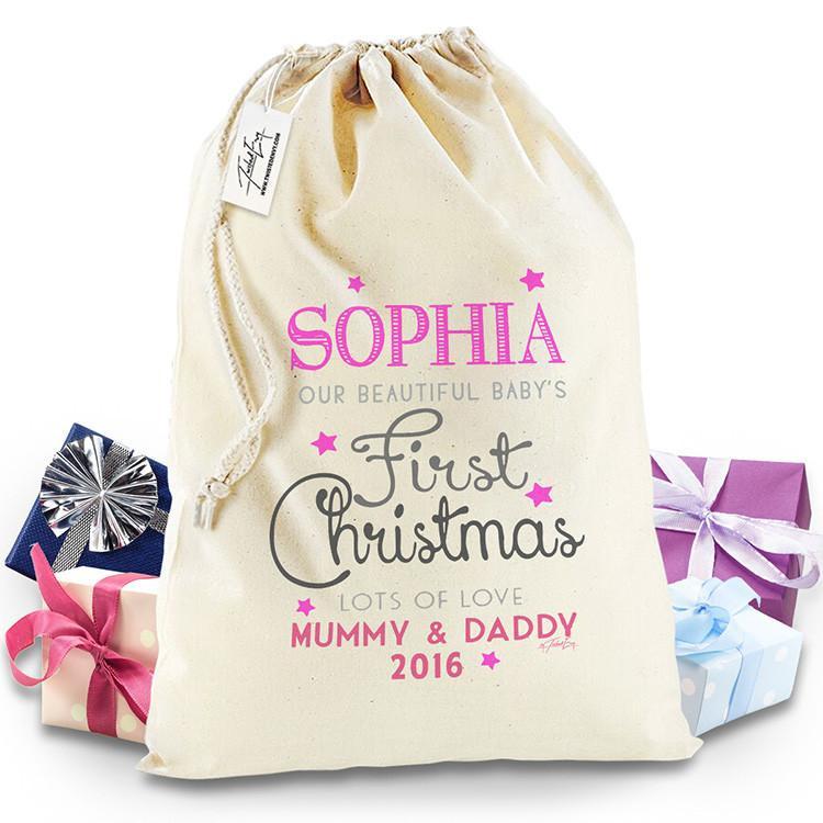 Personalised Baby's First Christmas Pink White Santa Sack Christmas Stocking