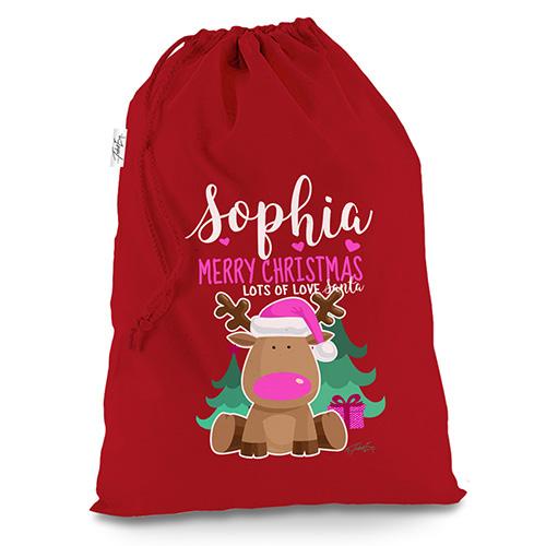 Personalised Cute Pink Reindeer Red Luxury Christmas Santa Sack
