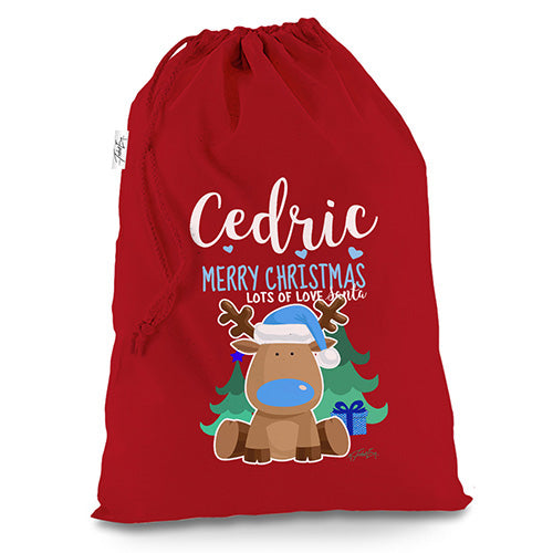Personalised Cute Blue Reindeer Red Christmas Santa Sack Gift Bag