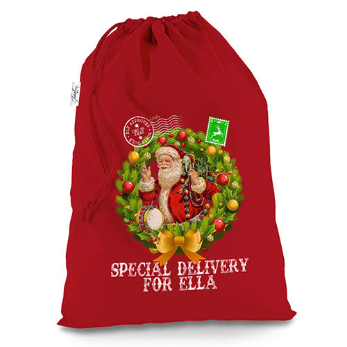 Special Delivery Vintage Santa Wreath Personalised Red Christmas Santa Sack Mail Post Bag