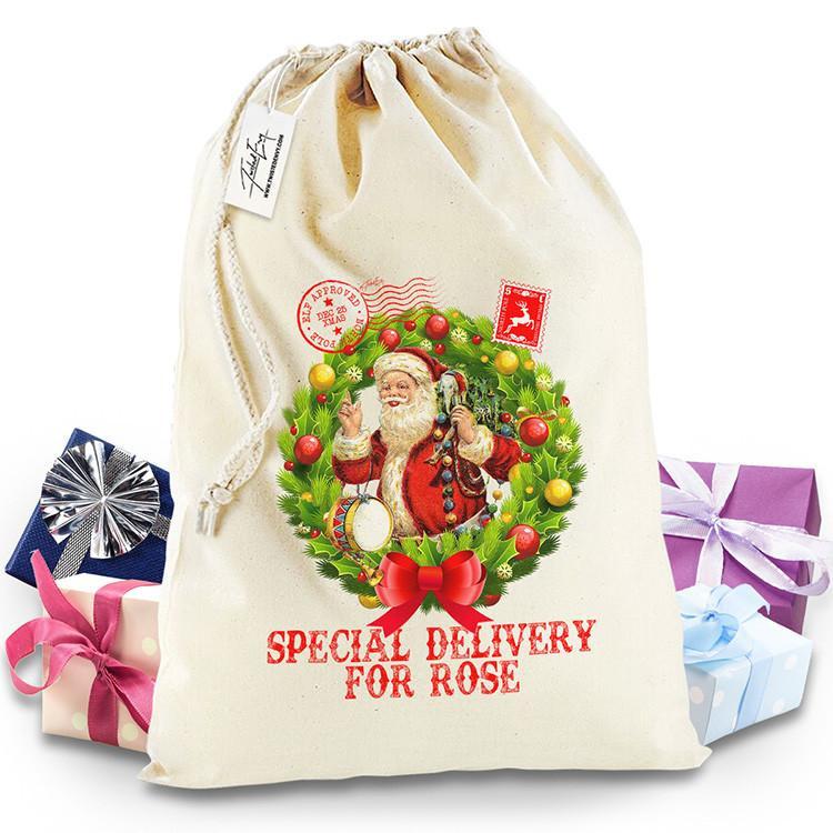 Special Delivery Vintage Santa Wreath Personalised Sack Christmas Sack Stocking Xmas Present Bag Santa Mail Post
