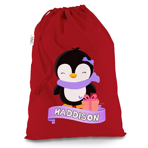 Personalised Pink Girl Penguin Red Christmas Present Santa Sack Mail Post Bag