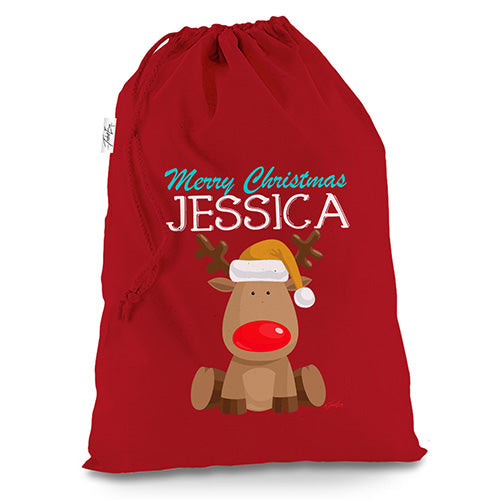 Personalised Xmas Nose Reindeer Red Christmas Santa Sack Gift Bag