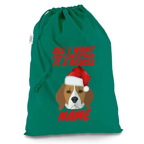 All I Want For Christmas Is A Beagle Personalised Green Luxury Christmas Santa Sack
