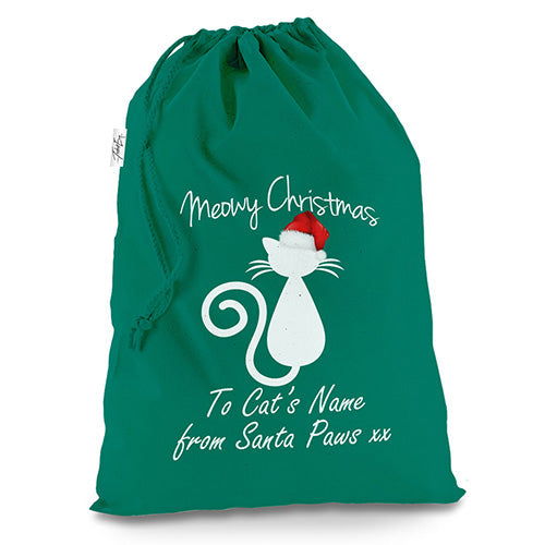 Meowy Christmas Cat Santa Hat Personalised Green Christmas Santa Sack Gift Bag