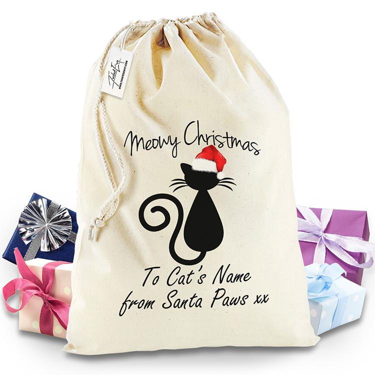 Meowy Christmas Cat Santa Hat Personalised Santa Sack Christmas Stocking