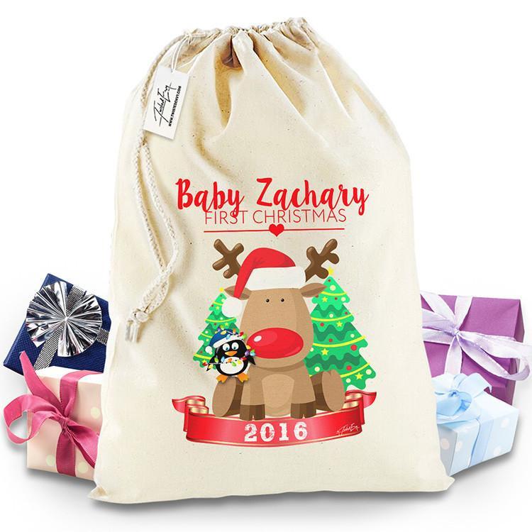 Personalised Baby First Christmas Rudolph Penguin Christmas Santa Sack