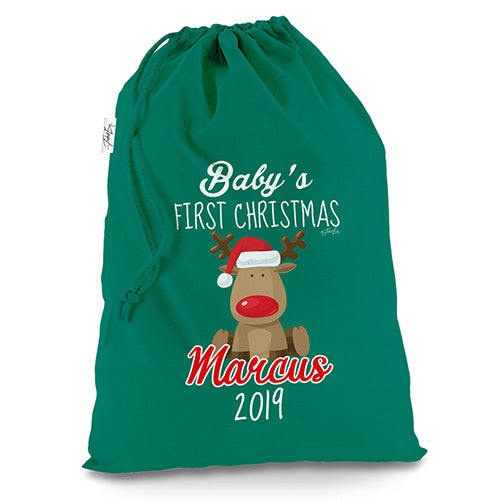 Personalised Baby First Christmas Rudolph Green Christmas Santa Sack Mail Post Bag
