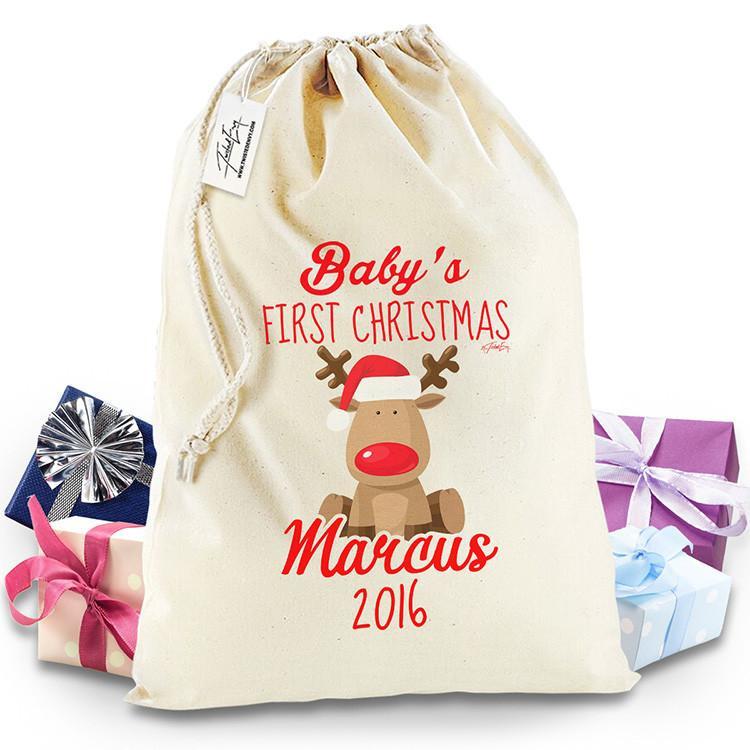 Personalised Baby First Christmas Rudolph Christmas Sack Stocking Xmas Present Bag Santa Mail Post