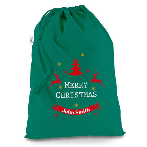 Personalised Snowflakes And Reindeer Green Christmas Present Santa Sack Mail Post Bag