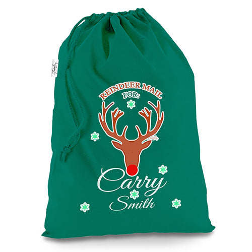 Personalised Reindeer Mail Green Christmas Santa Sack Gift Bag