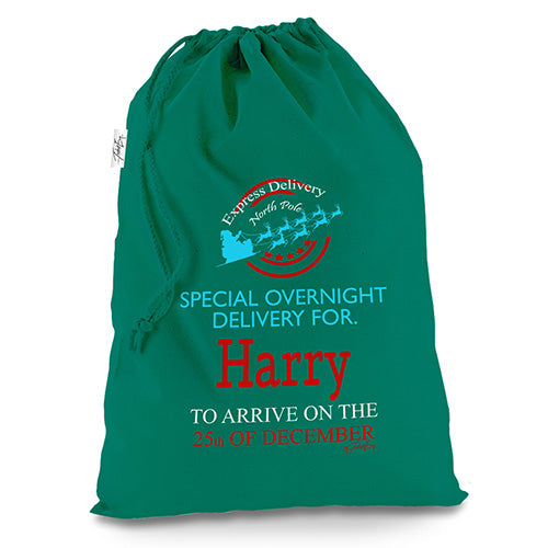 Personalised Christmas Express Delivery Green Christmas Present Santa Sack Mail Post Bag