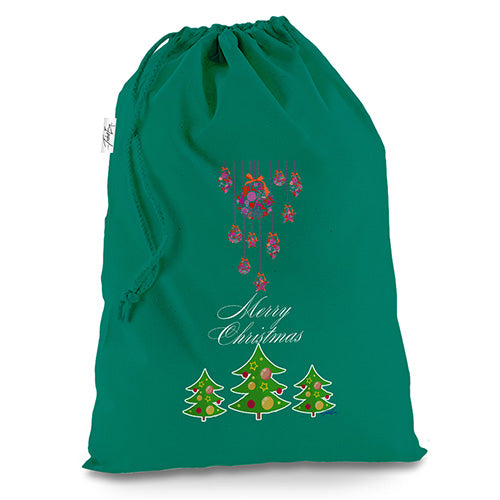 Merry Christmas Trees And Ornaments Green Christmas Present Santa Sack Mail Post Bag