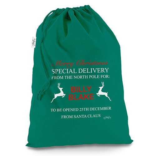 Personalised North Pole Reindeer Green Christmas Santa Sack Mail Post Bag