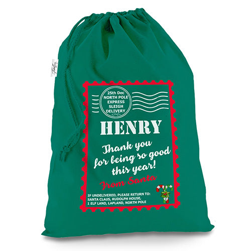 Personalised Vintage Style With Child's Name Green Christmas Present Santa Sack Mail Post Bag
