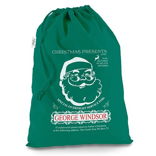 Personalised Jolly Santa Vintage Green Christmas Santa Sack Gift Bag