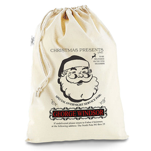 Personalised Jolly Santa Vintage White Christmas Santa Present Sack