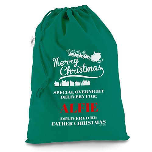 Personalised Christmas Sack - Merry Christmas Green Christmas Santa Sack Mail Post Bag