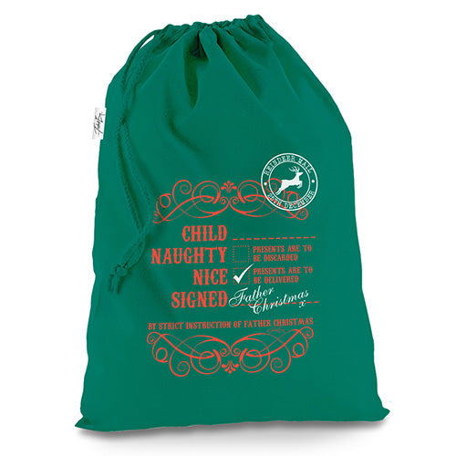 Personalised Rustic Vintage Santa's Checklist Green Christmas Present Santa Sack Mail Post Bag