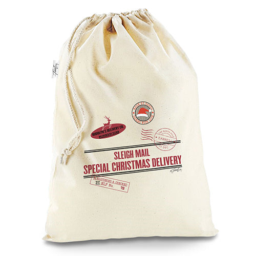 Rustic Vintage Sleigh Mail Special Delivery White Santa Sack Christmas Stocking Gift Bag