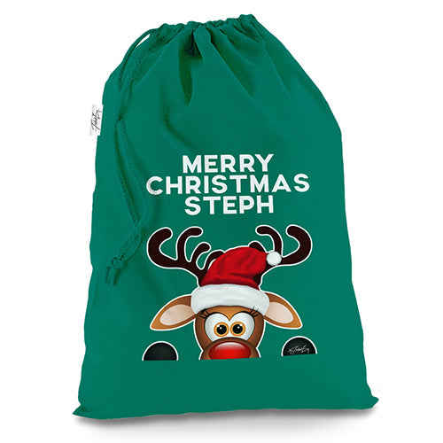 Personalised Peeking Christmas Reindeer Green Christmas Santa Sack Mail Post Bag