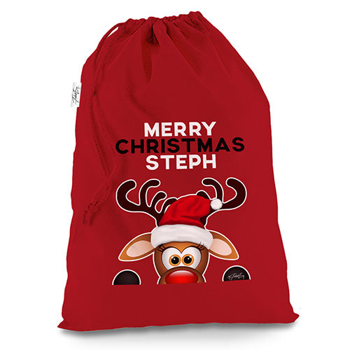 Personalised Peeking Christmas Reindeer Red Christmas Present Santa Sack Mail Post Bag