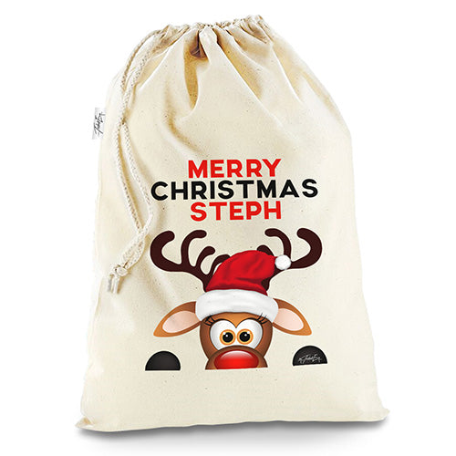 Personalised Peeking Christmas Reindeer White Santa Sack Christmas Stocking Gift Bag