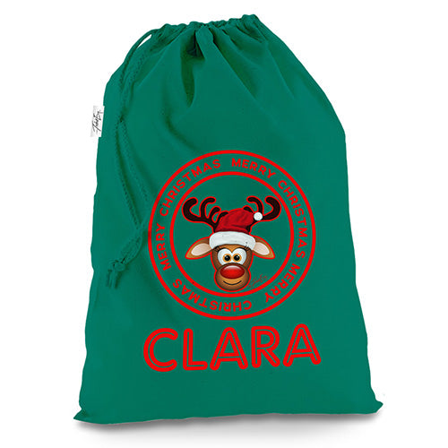 Personalised Christmas Reindeer Stamp Circle Green Christmas Santa Sack Gift Bag